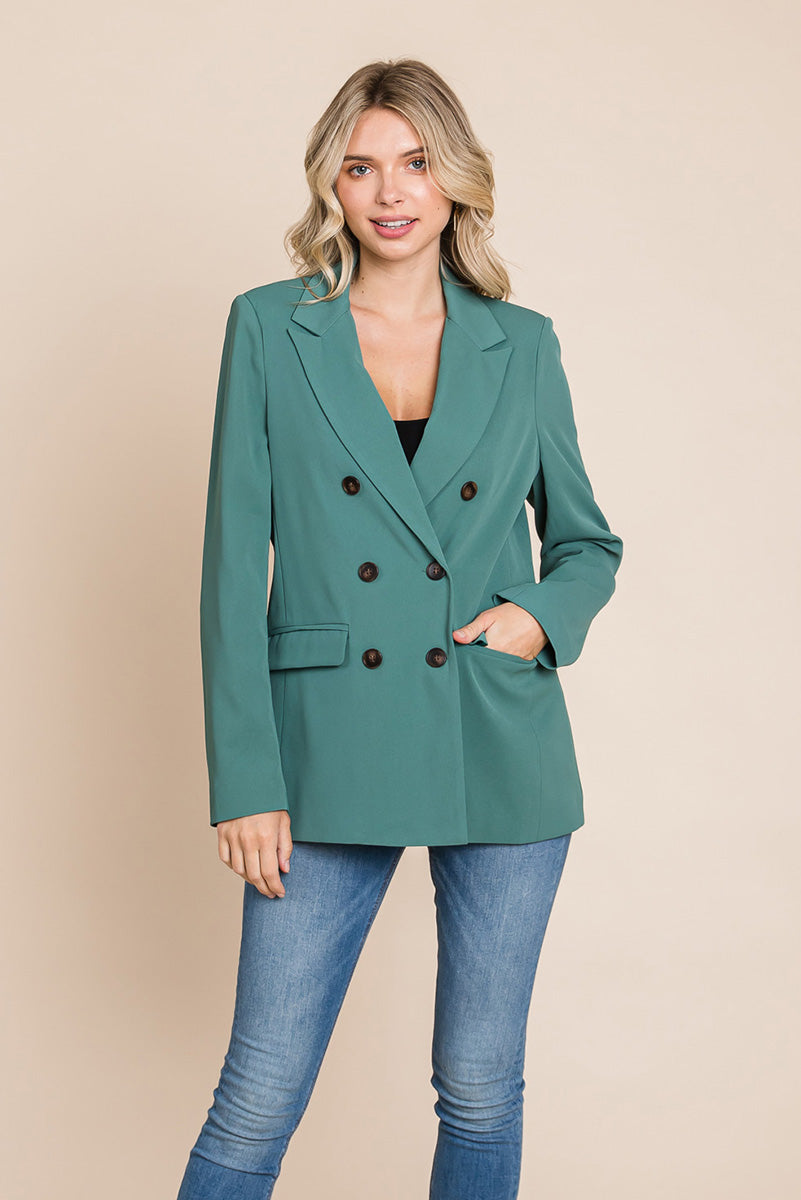 Women’s Double-Breasted Lapel Collar Blazer with Front Pockets