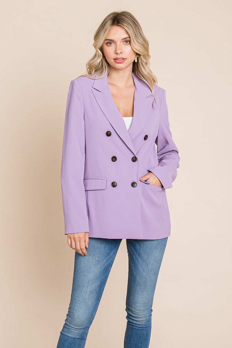 Women’s Double-Breasted Lapel Collar Blazer with Front Pockets