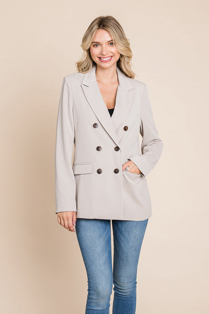 Women’s Double-Breasted Lapel Collar Blazer with Front Pockets
