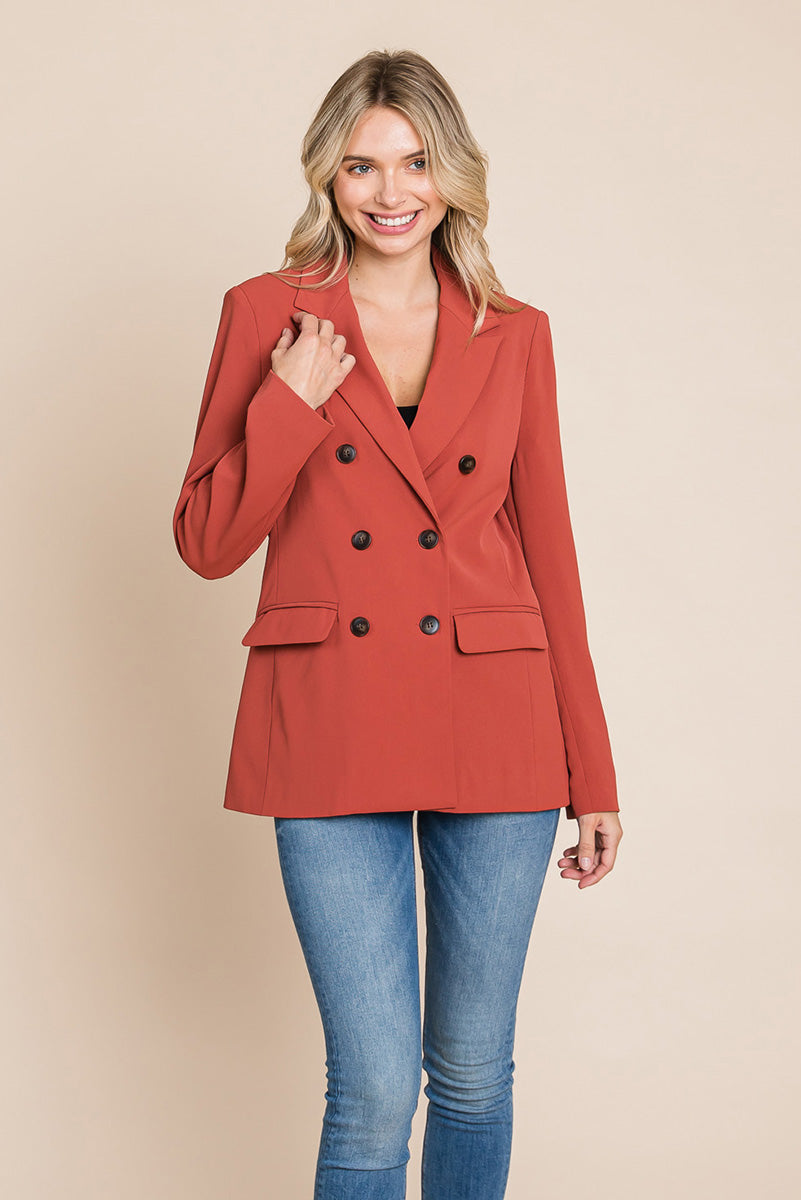 Women’s Double-Breasted Lapel Collar Blazer with Front Pockets