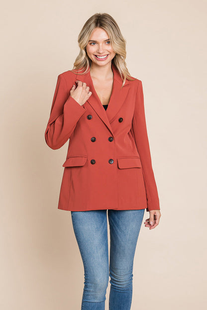 Women’s Double-Breasted Lapel Collar Blazer with Front Pockets