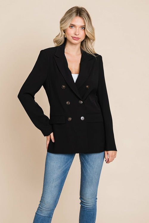 Women’s Double-Breasted Lapel Collar Blazer with Front Pockets