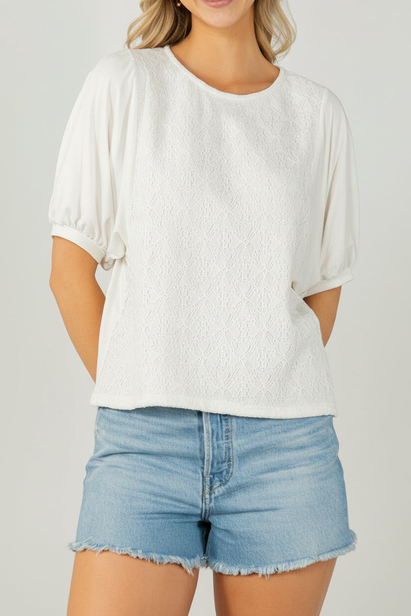 Women's Lace Overlay Puff Sleeve Blouse