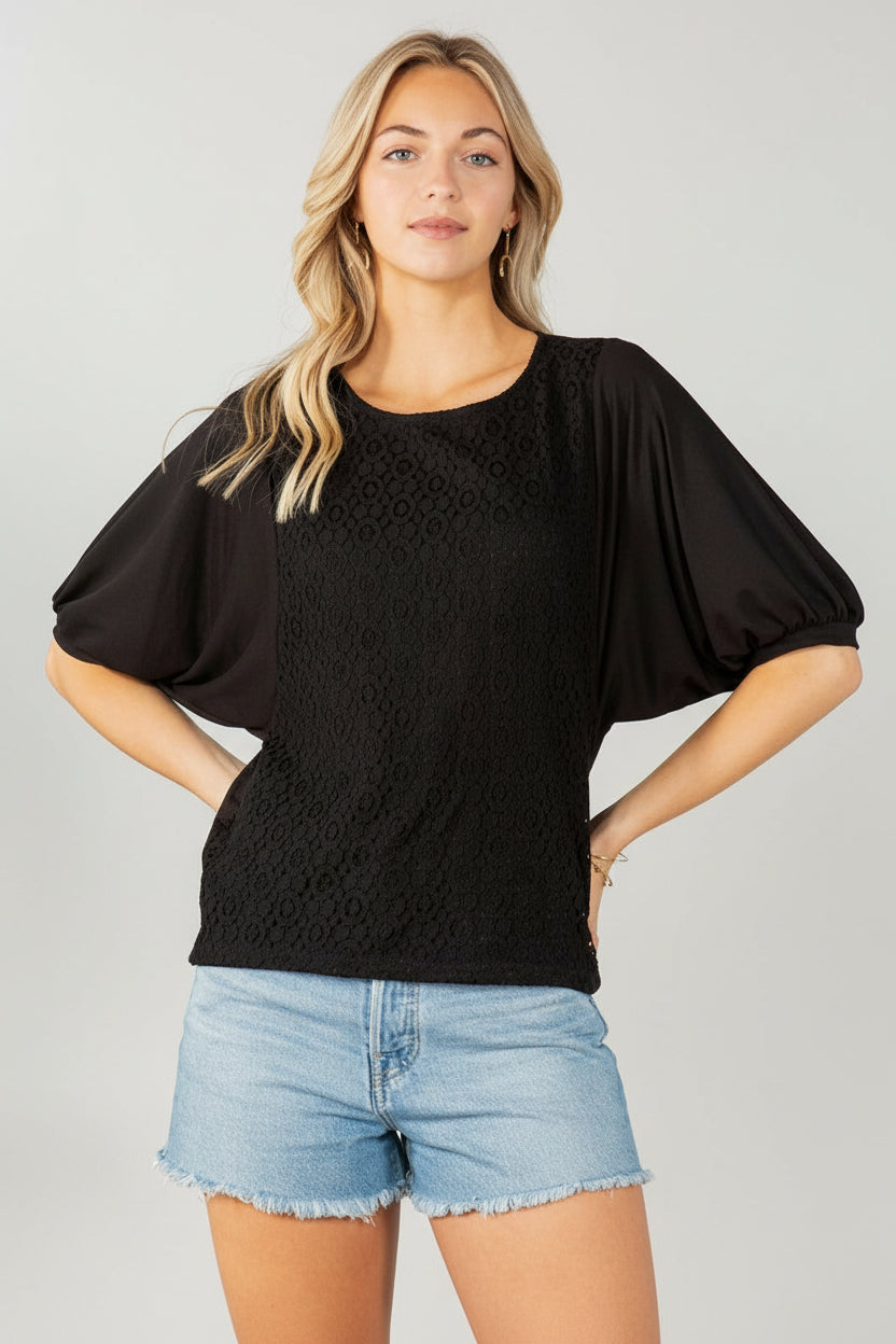 Women's Lace Overlay Puff Sleeve Blouse