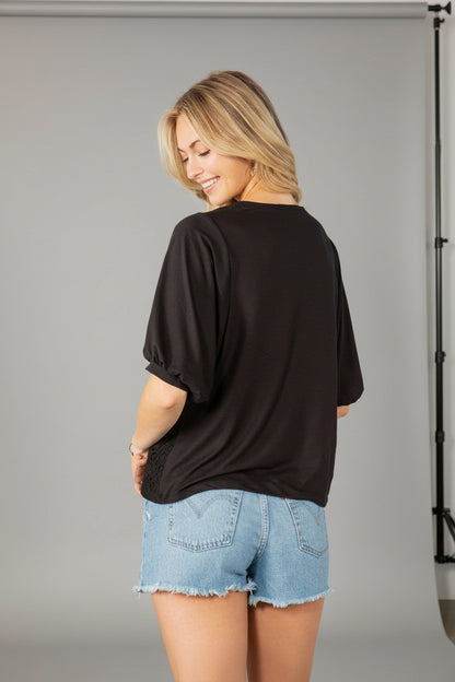 Women's Lace Overlay Puff Sleeve Blouse