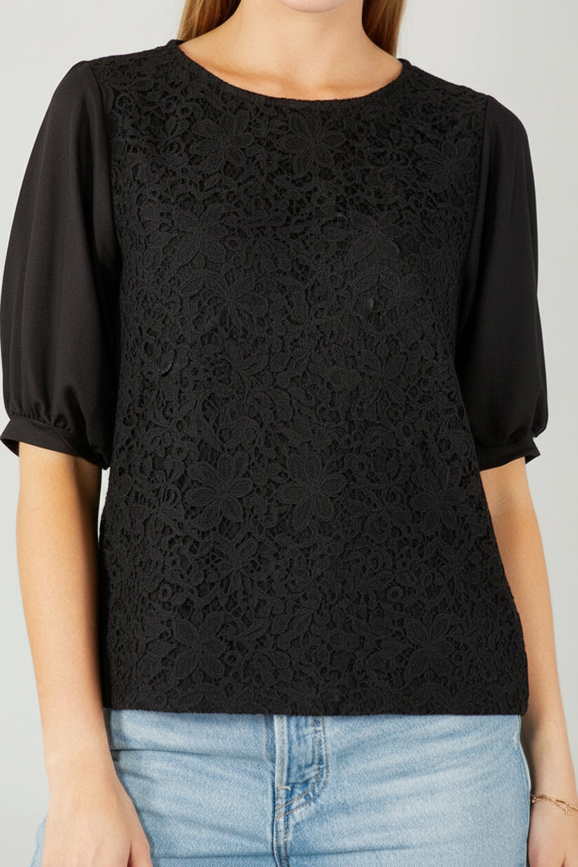 Women's Lace Overlay Puff Sleeve Blouse