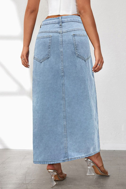 Women’s Open-Side Cut-Off Design Denim Maxi Skirt