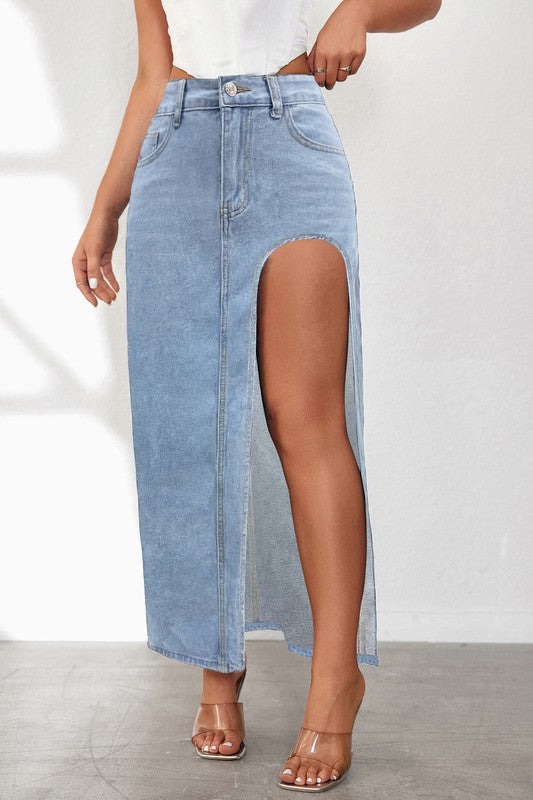 Women’s Open-Side Cut-Off Design Denim Maxi Skirt