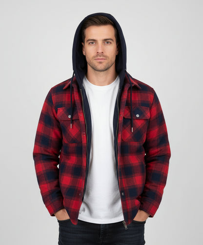 Men's Plaid Hooded Coat Winter Warm Button Zip-up Jacket Fashion