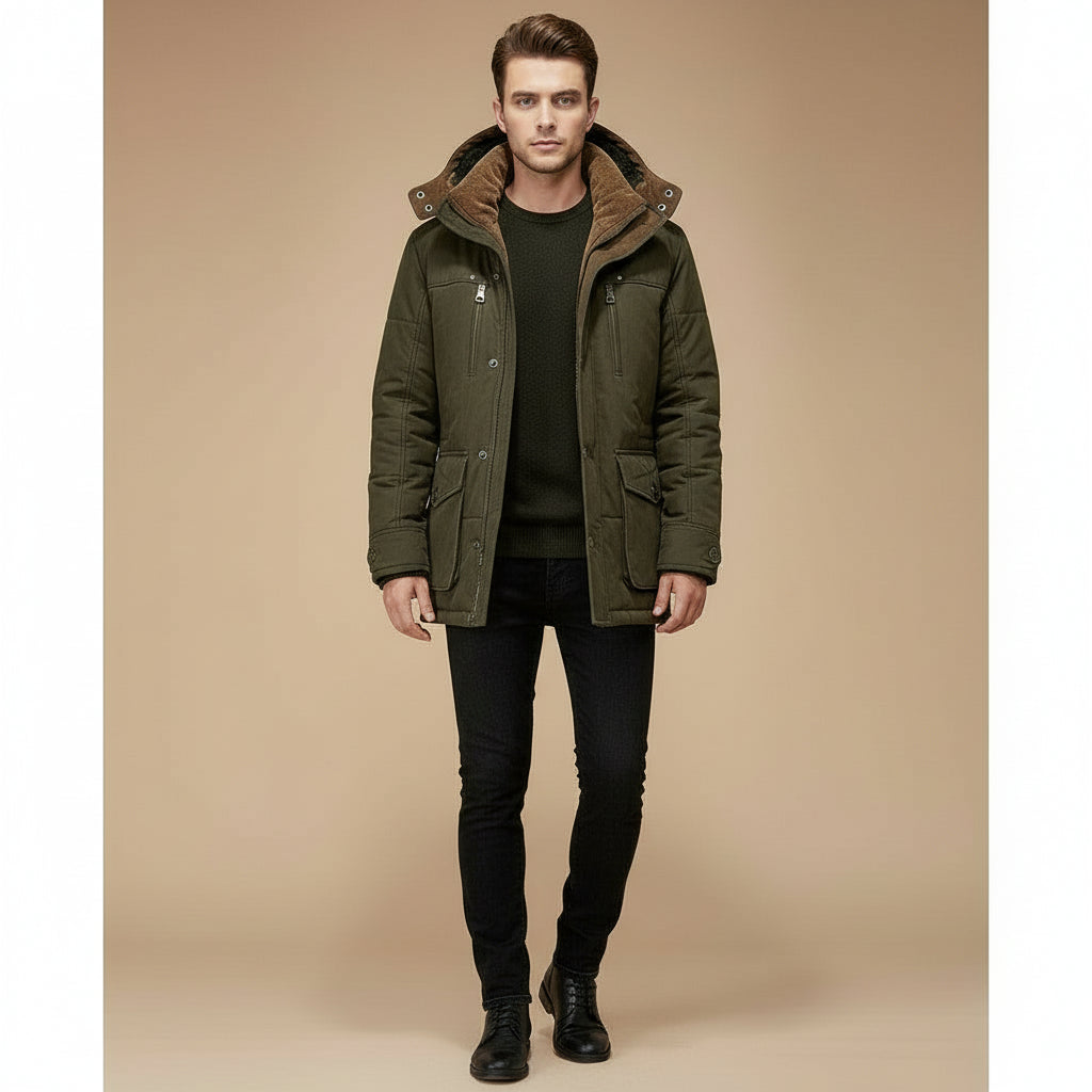 Mens Hooded Winter Parka Coat with Inner Fleece