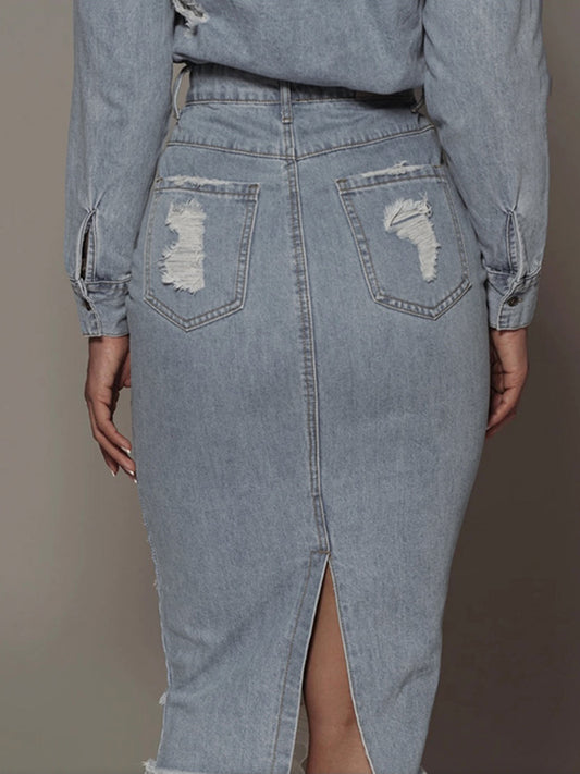 Women's Distressed Slit Denim Skirt