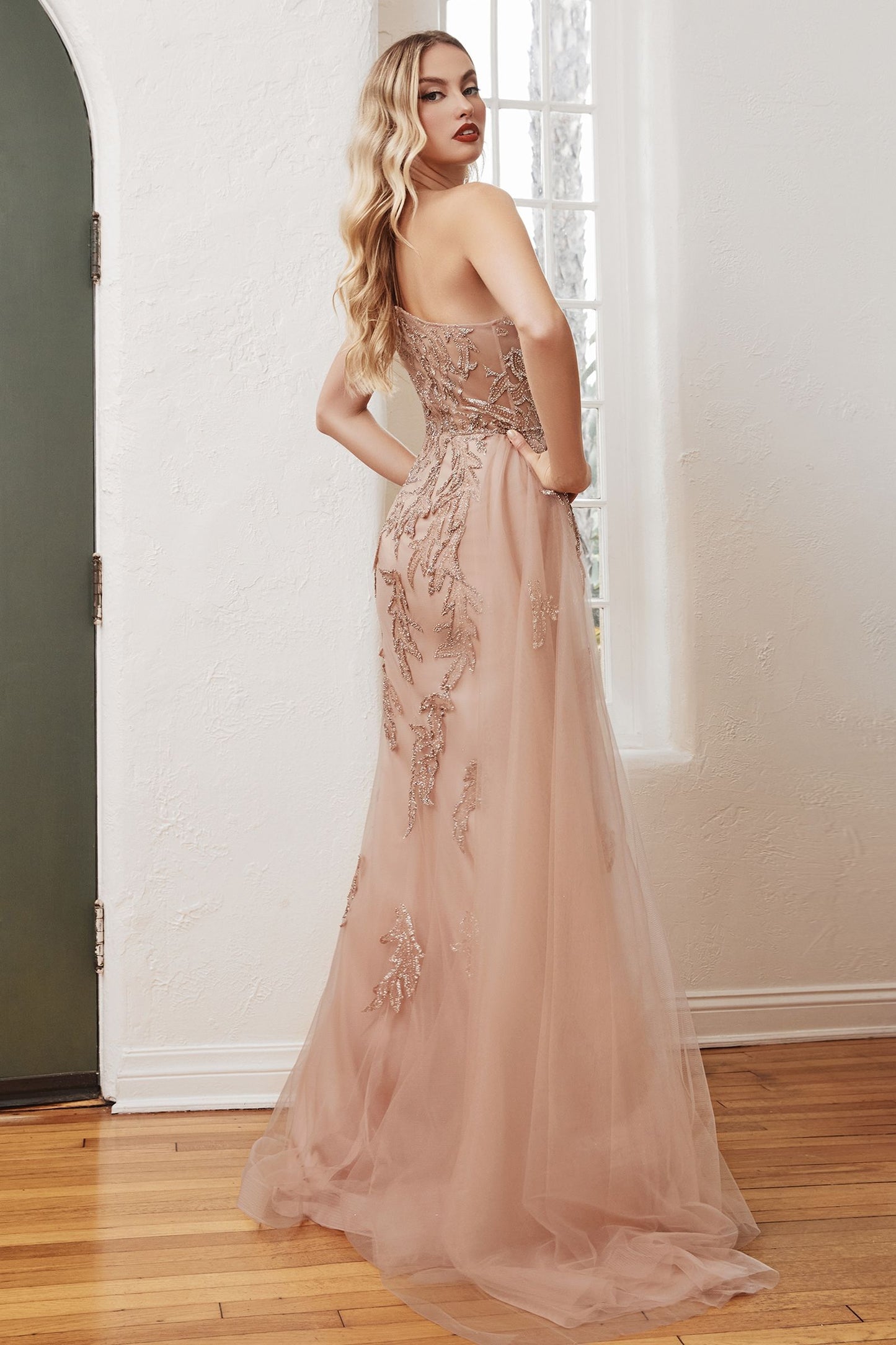 One Shoulder Embellished Gown With Tulle Overskirt-1