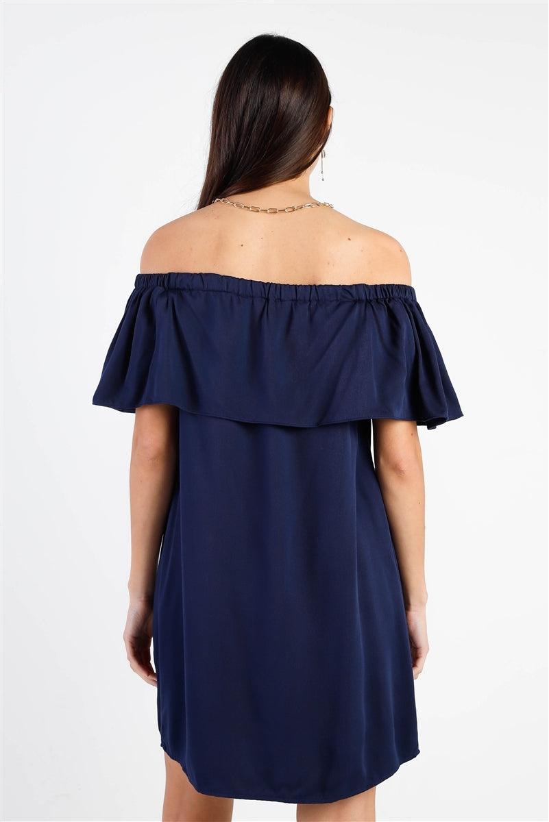 Off-The-Shoulder Neckline Ruffle Overlay Mini Dress-1