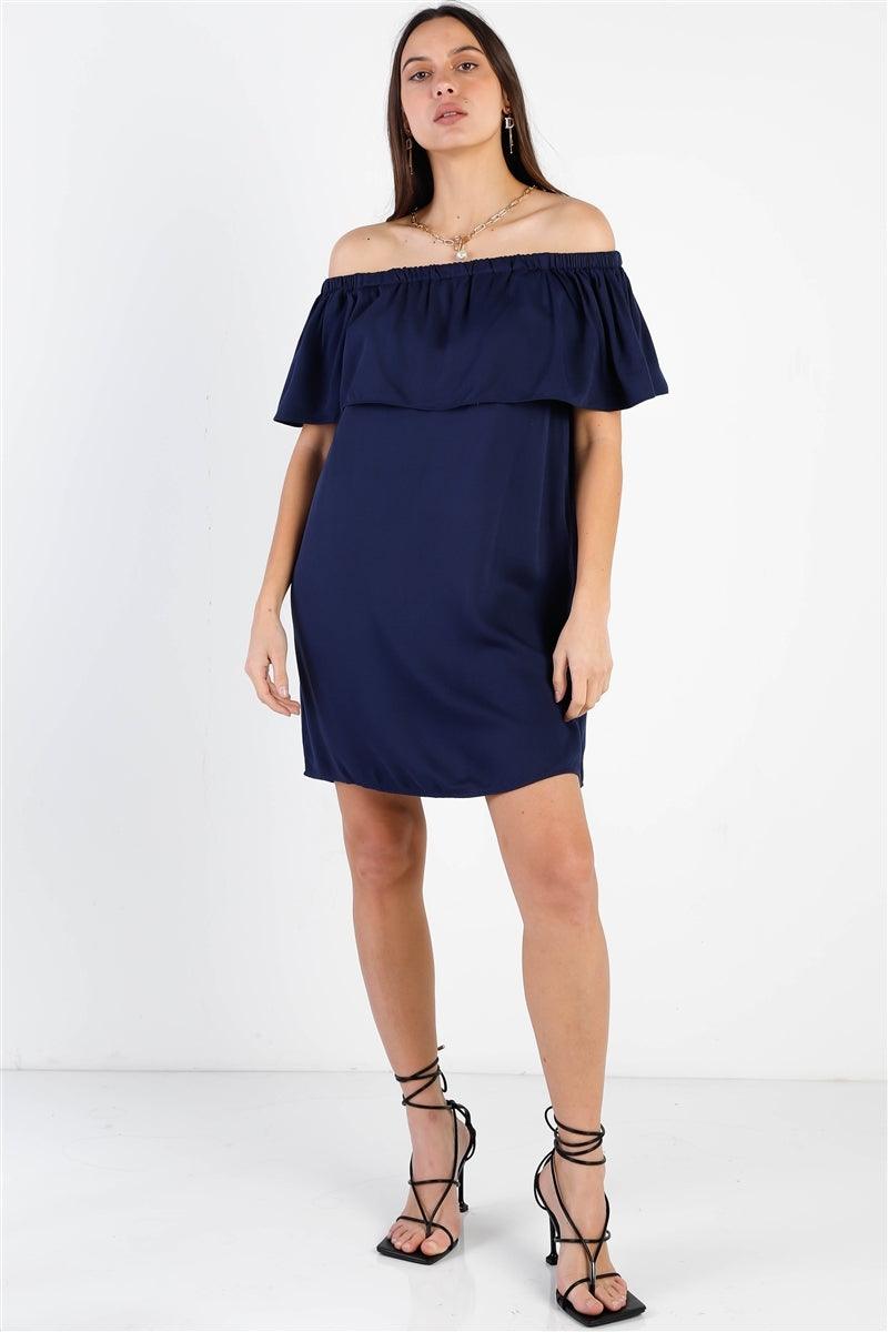 Off-The-Shoulder Neckline Ruffle Overlay Mini Dress-2