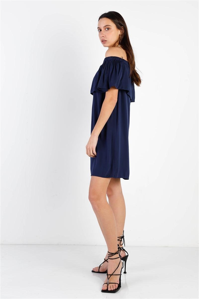 Off-The-Shoulder Neckline Ruffle Overlay Mini Dress-3