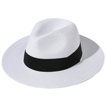 Women's Wide Brim Straw Panama Roll up Hat Belt Buckle Beach Sun Hat