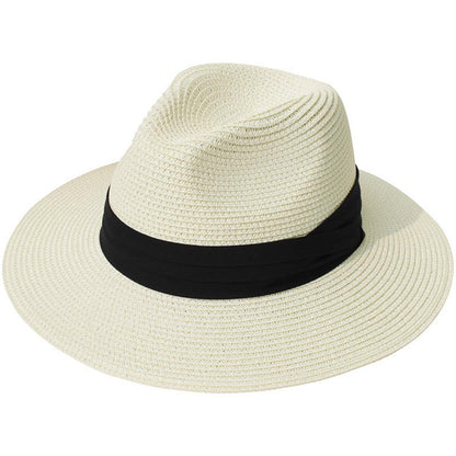 Women's Wide Brim Straw Panama Roll up Hat Belt Buckle Beach Sun Hat