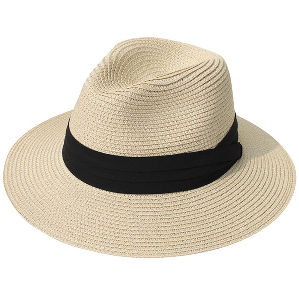 Women's Wide Brim Straw Panama Roll up Hat Belt Buckle Beach Sun Hat