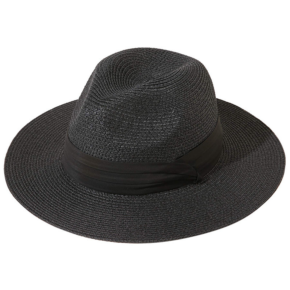 Women's Wide Brim Straw Panama Roll up Hat Belt Buckle Beach Sun Hat
