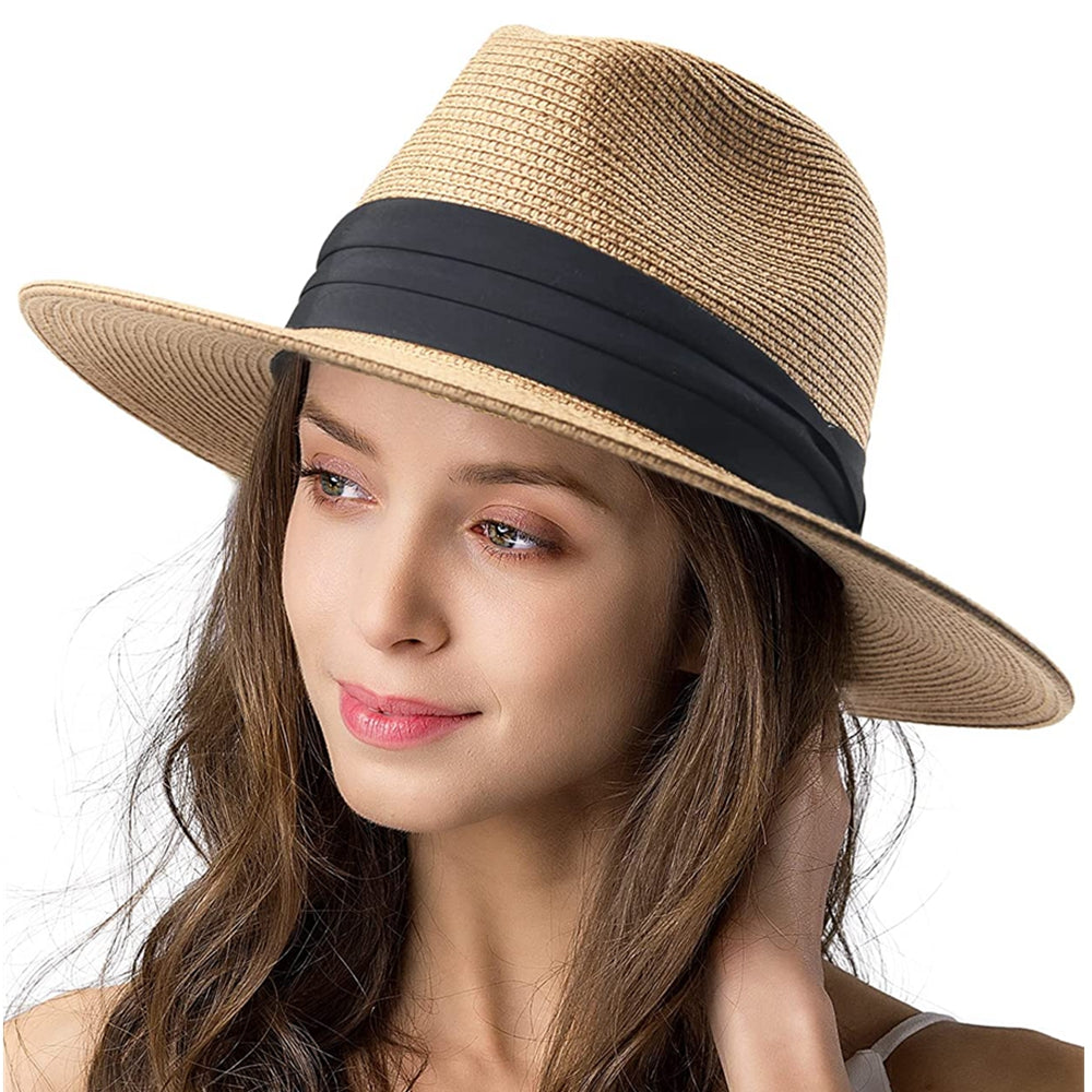 Women's Wide Brim Straw Panama Roll up Hat Belt Buckle Beach Sun Hat