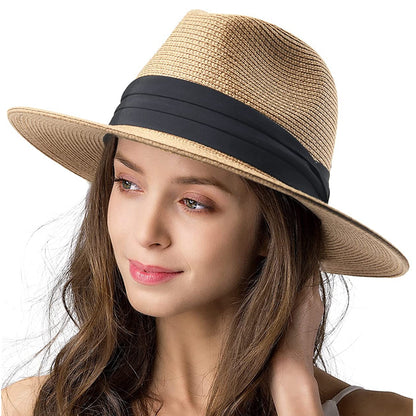Women's Wide Brim Straw Panama Roll up Hat Belt Buckle Beach Sun Hat