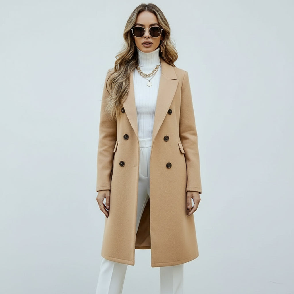 Women's Solid Color Double-Breasted Wool-Like Coat Notch Lapel Long