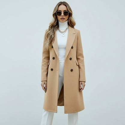 Women's Solid Color Double-Breasted Wool-Like Coat Notch Lapel Long