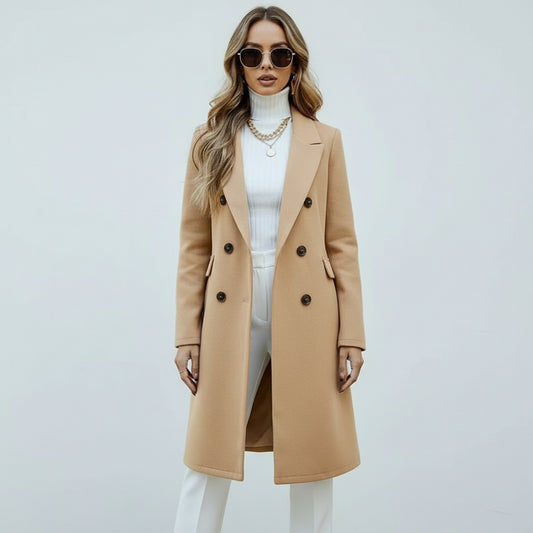 Women's Solid Color Double-Breasted Wool-Like Coat Notch Lapel Long