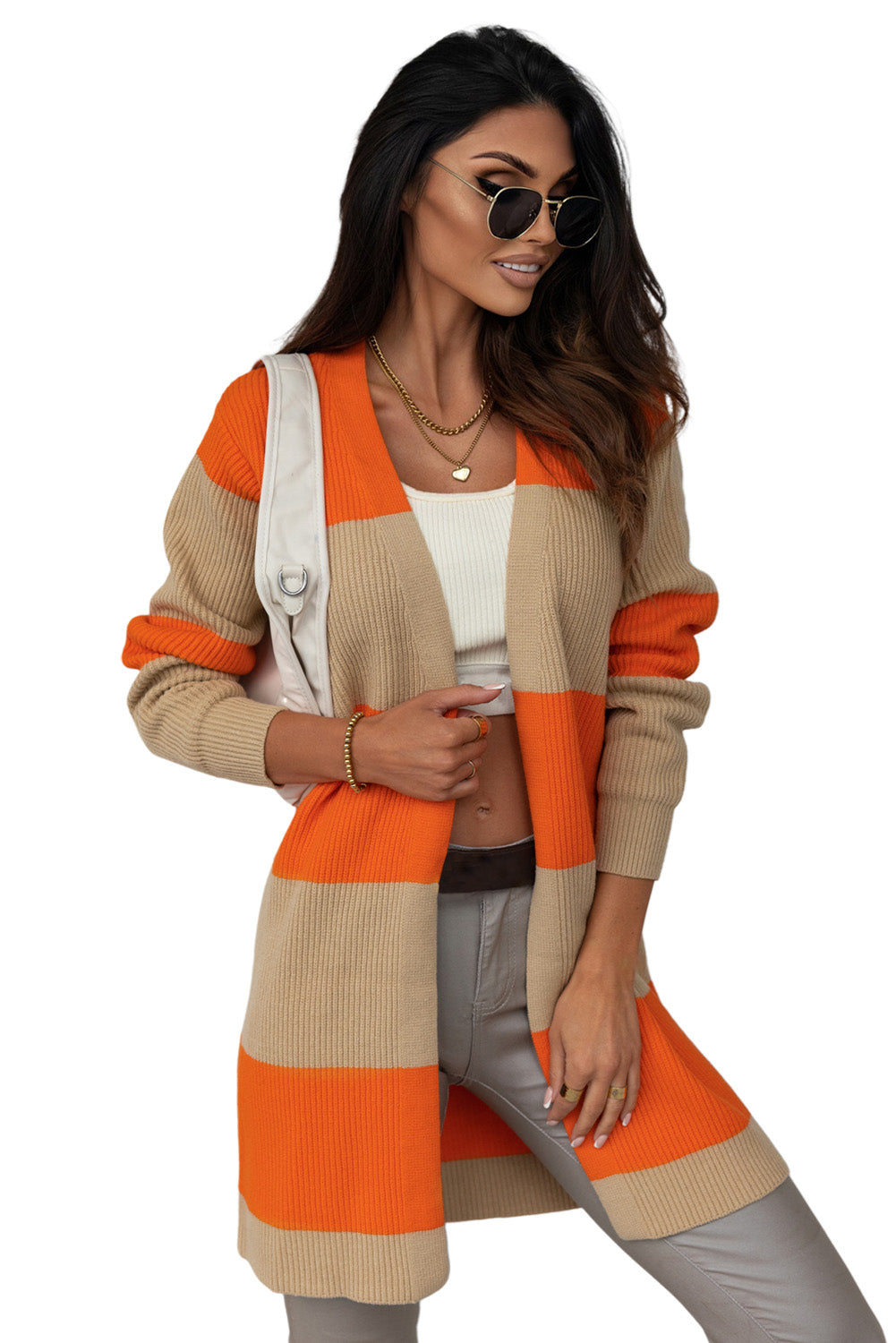 Orange Colorblock Ribbed Knit Cardigan