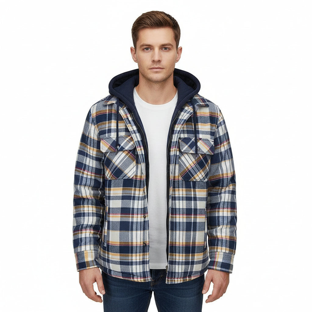 Men's Plaid Hooded Coat Winter Warm Button Zip-up Jacket Fashion