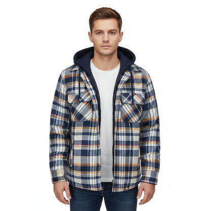 Men's Plaid Hooded Coat Winter Warm Button Zip-up Jacket Fashion