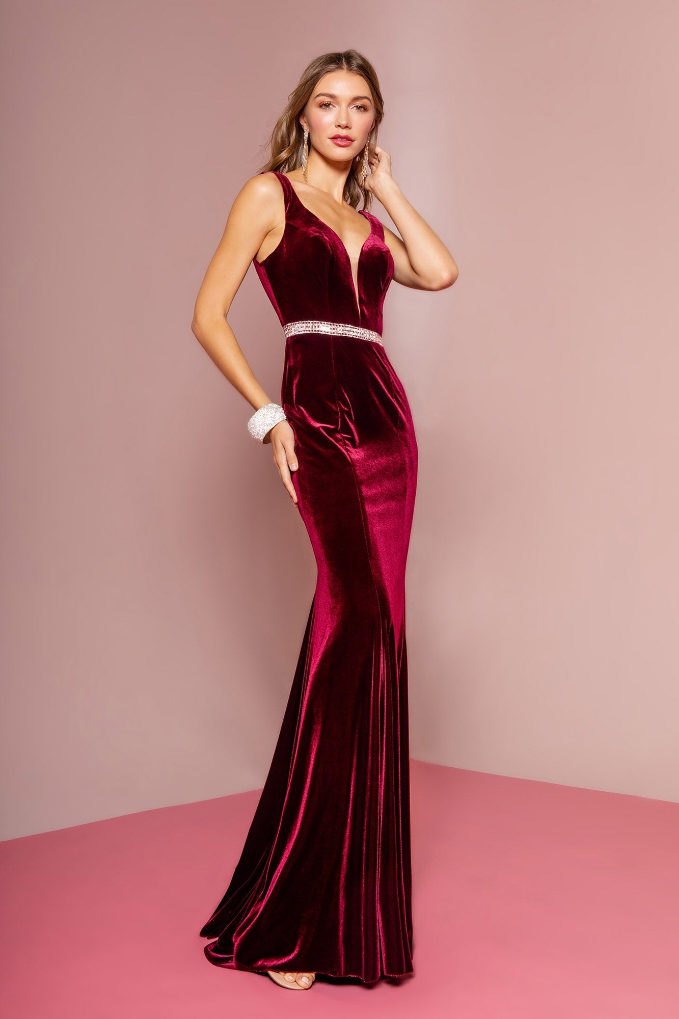 Jewel Accented Waist Line V-Neck Velvet Dress w/ U-Back-5