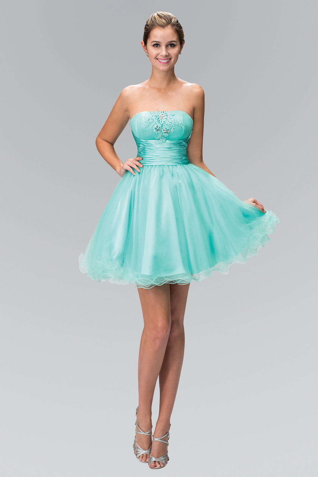 Short Tulle Dress with Pleated Waistband and Floral Lace-2