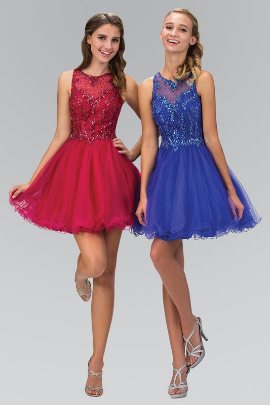 Jewel Embellished Tulle Short Dress with Sheer Illusion Neckline-0