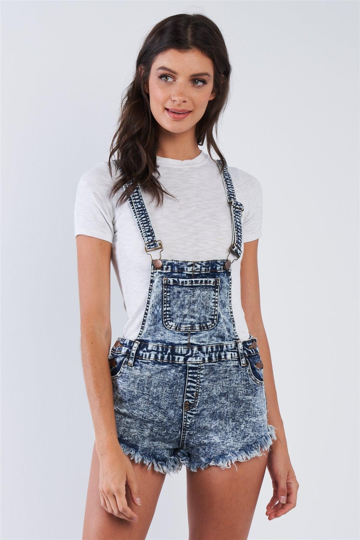 Denim Acid Washed 100% Cotton Fringed Short Overall-0