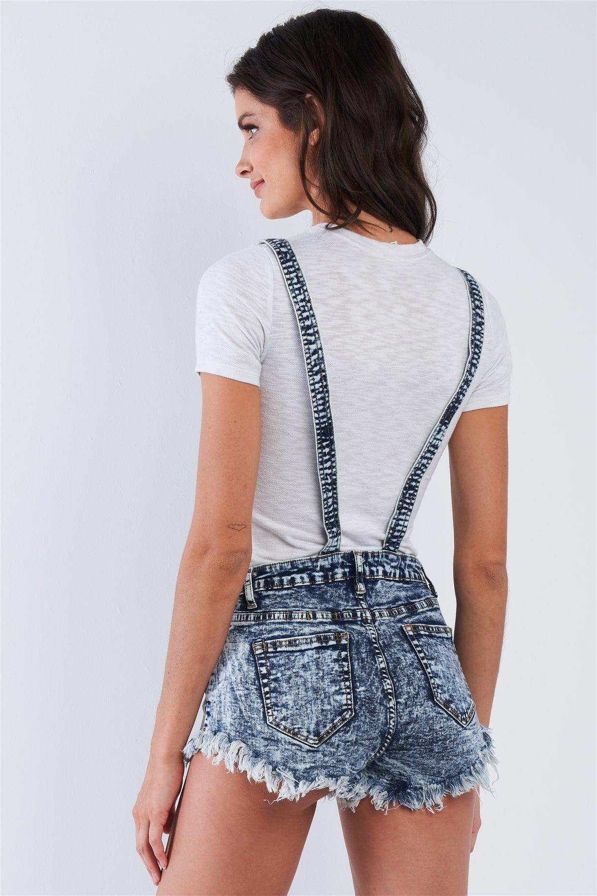 Denim Acid Washed 100% Cotton Fringed Short Overall-1