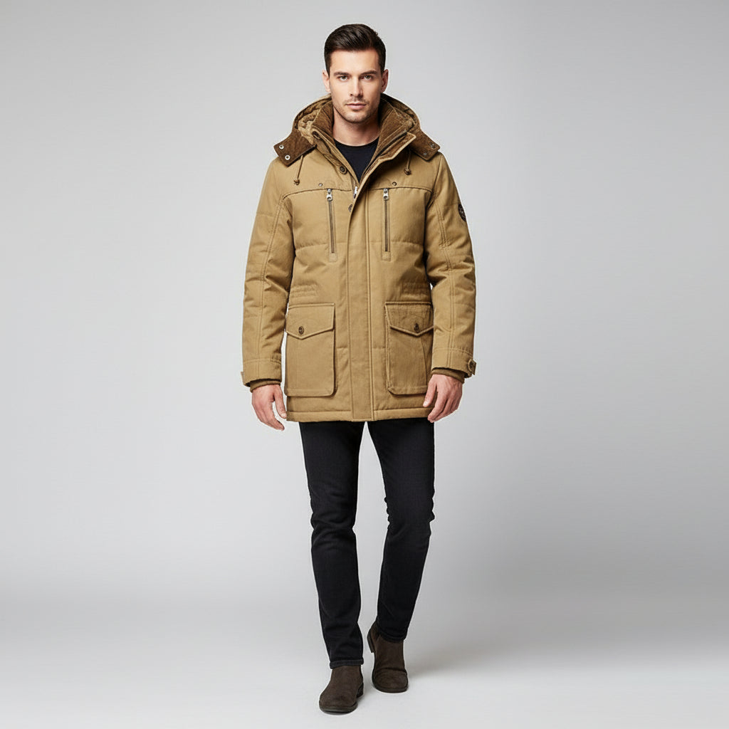 Mens Hooded Winter Parka Coat with Inner Fleece