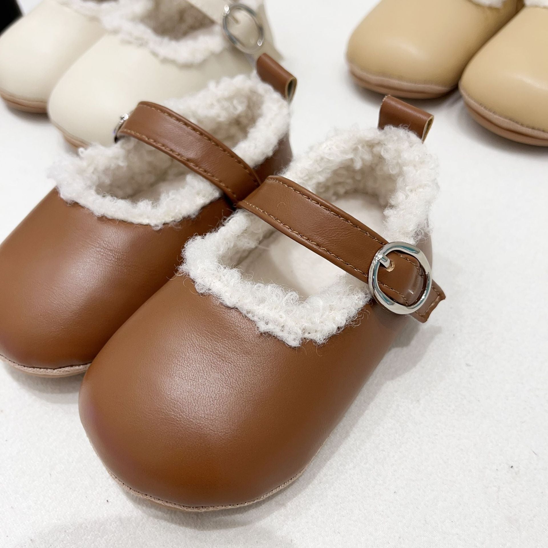 Ins Infant Baby Girl Solid Color Plush Warm Anti-Slip Shoes In Winter-0