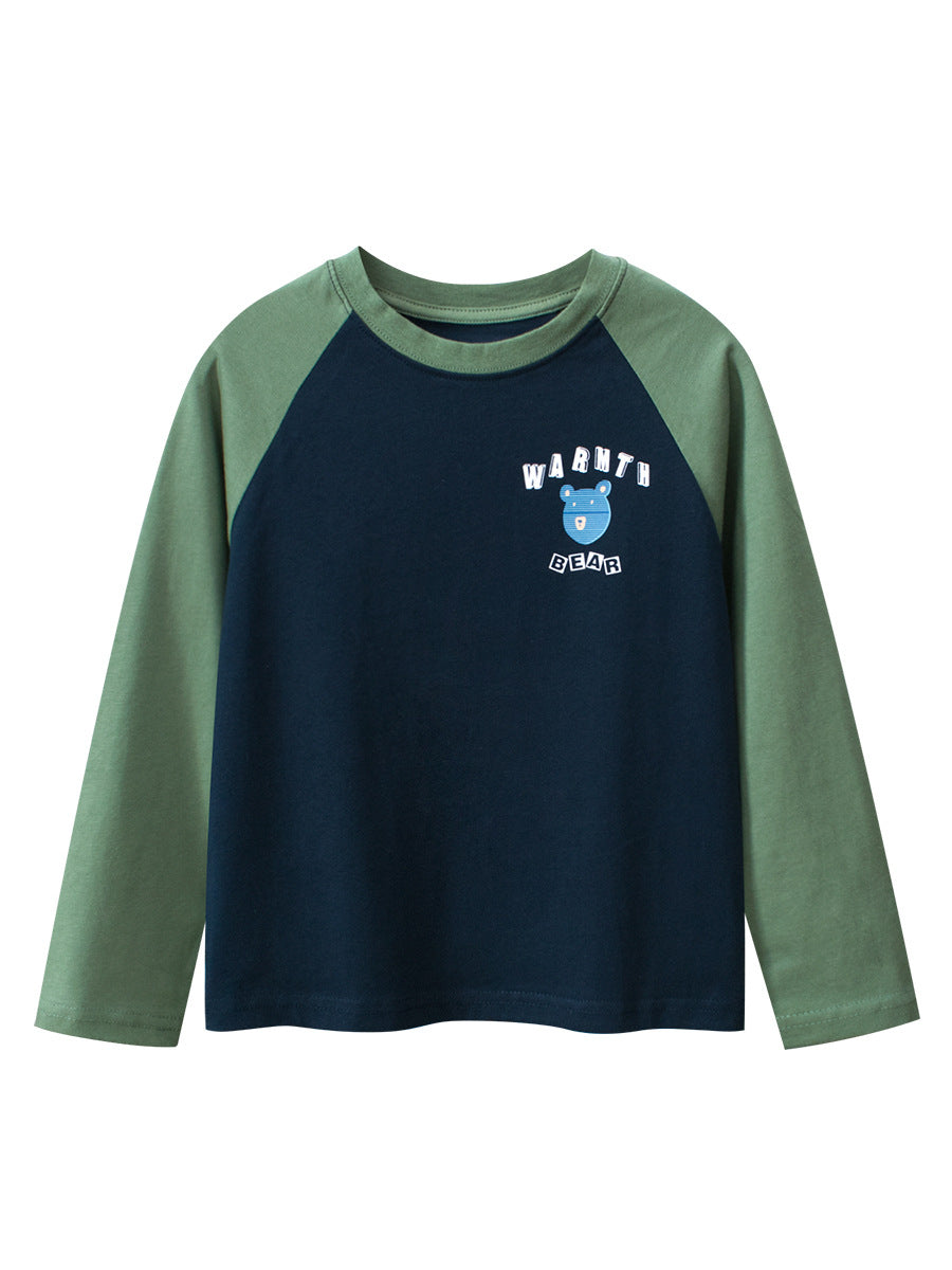 Autumn New Arrival Kids Cartoon Print Crew Neck Long Sleeves Color Patchwork Shirt-1