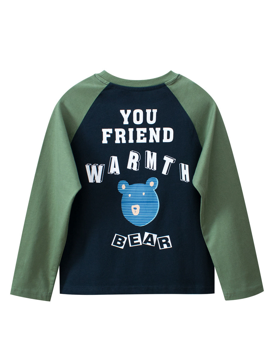 Autumn New Arrival Kids Cartoon Print Crew Neck Long Sleeves Color Patchwork Shirt-2