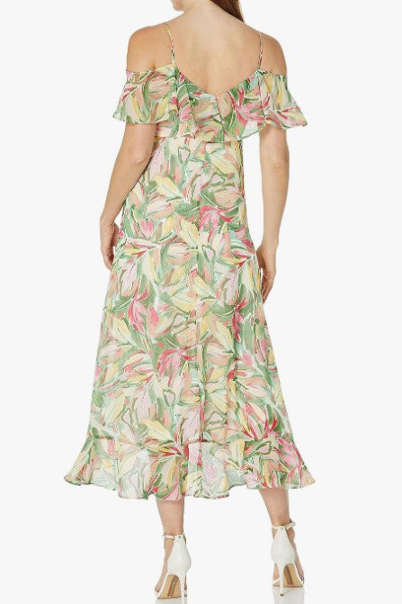 London Times Print Cold Shoulder Ruffle Maxi Dress-1