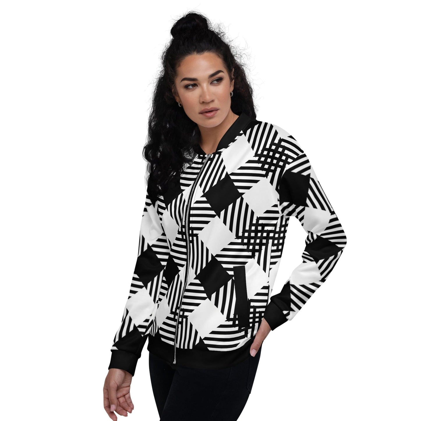 Womens Bomber Jacket, Black and White Plaid Print-2