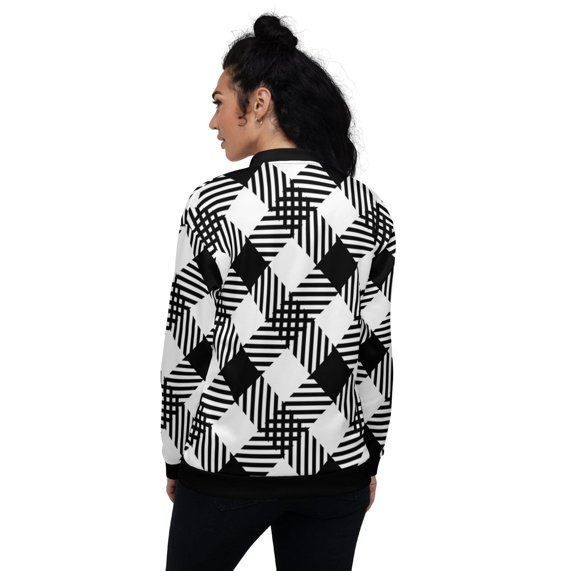 Womens Bomber Jacket, Black and White Plaid Print-1