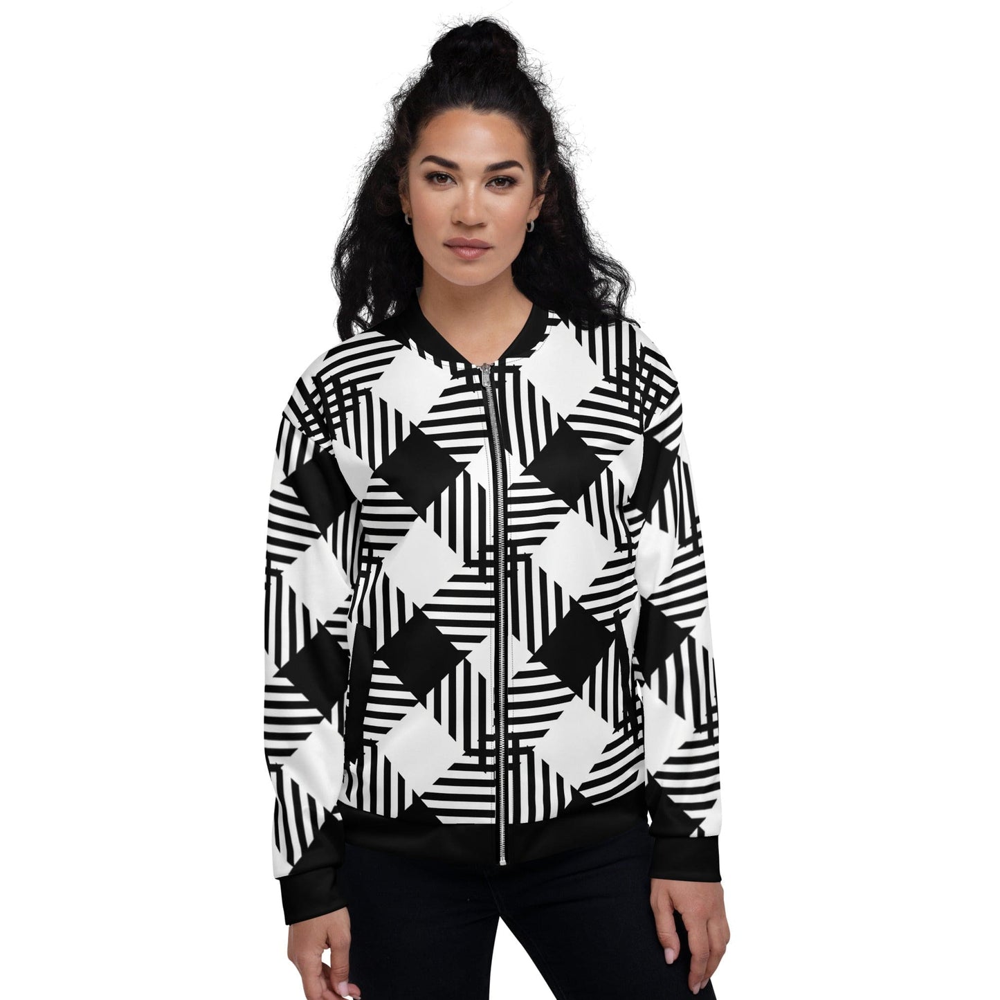 Womens Bomber Jacket, Black and White Plaid Print-0