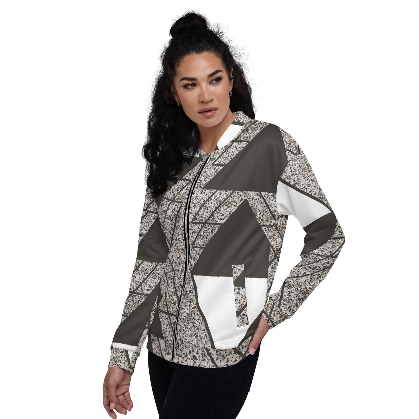 Womens Bomber Jacket, Brown and White Triangular Colorblock 2-3