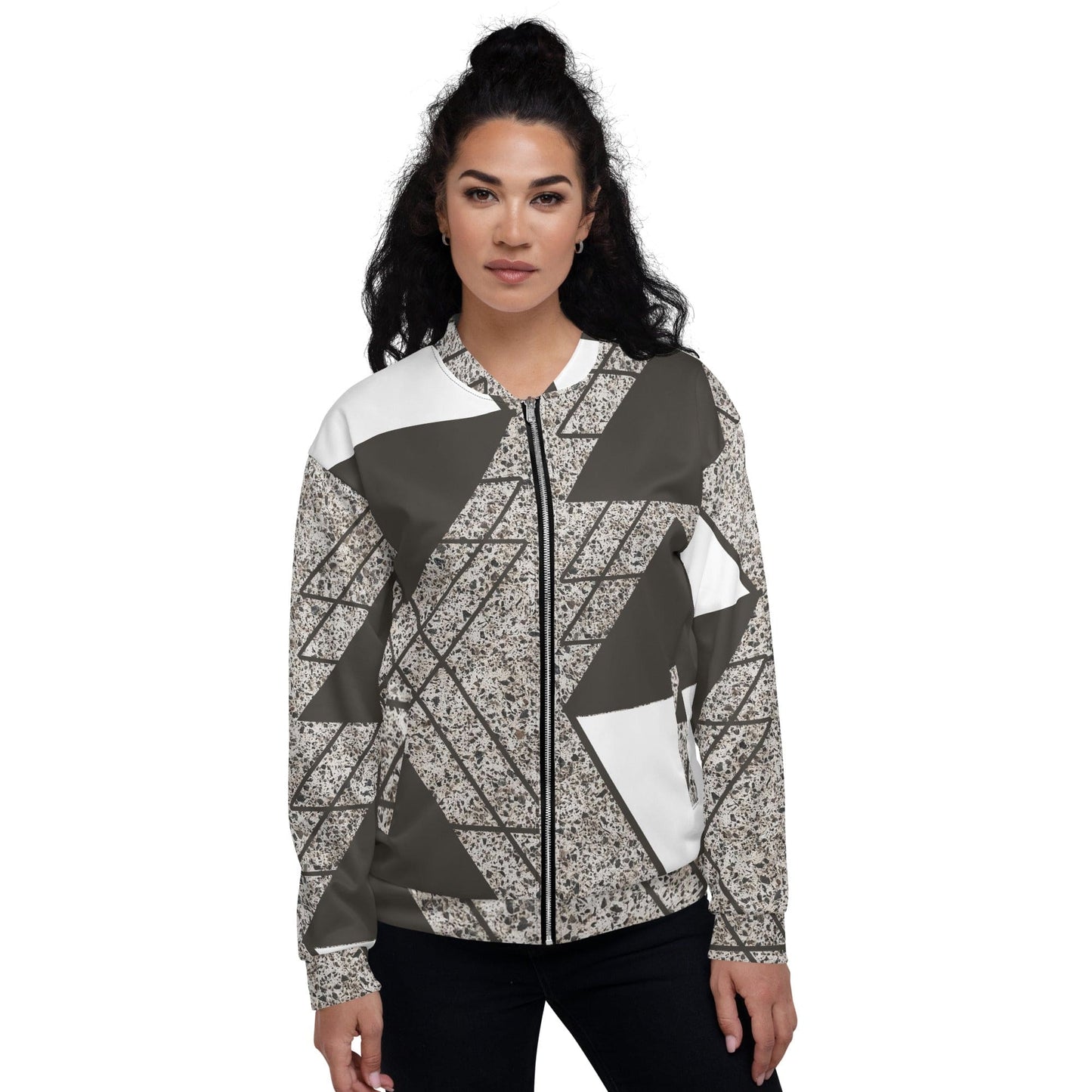 Womens Bomber Jacket, Brown and White Triangular Colorblock 2-0