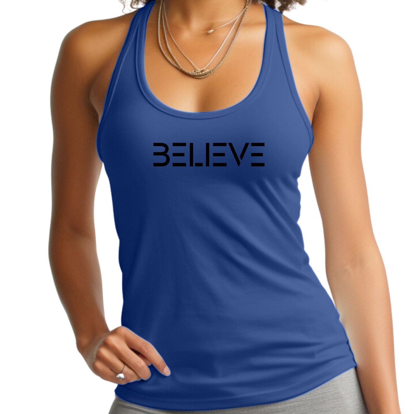 Womens Fitness Tank Top Graphic T-shirt, Believe Black Print-2