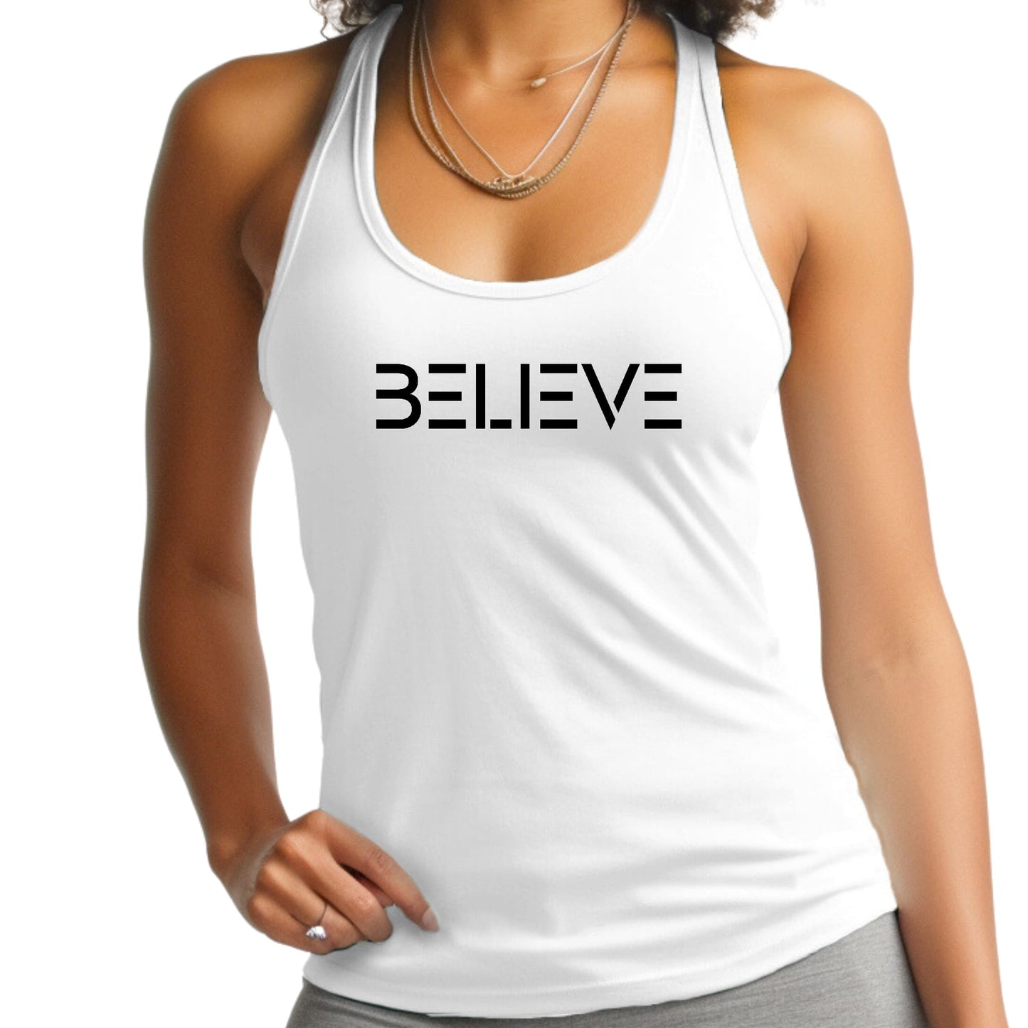 Womens Fitness Tank Top Graphic T-shirt, Believe Black Print-0