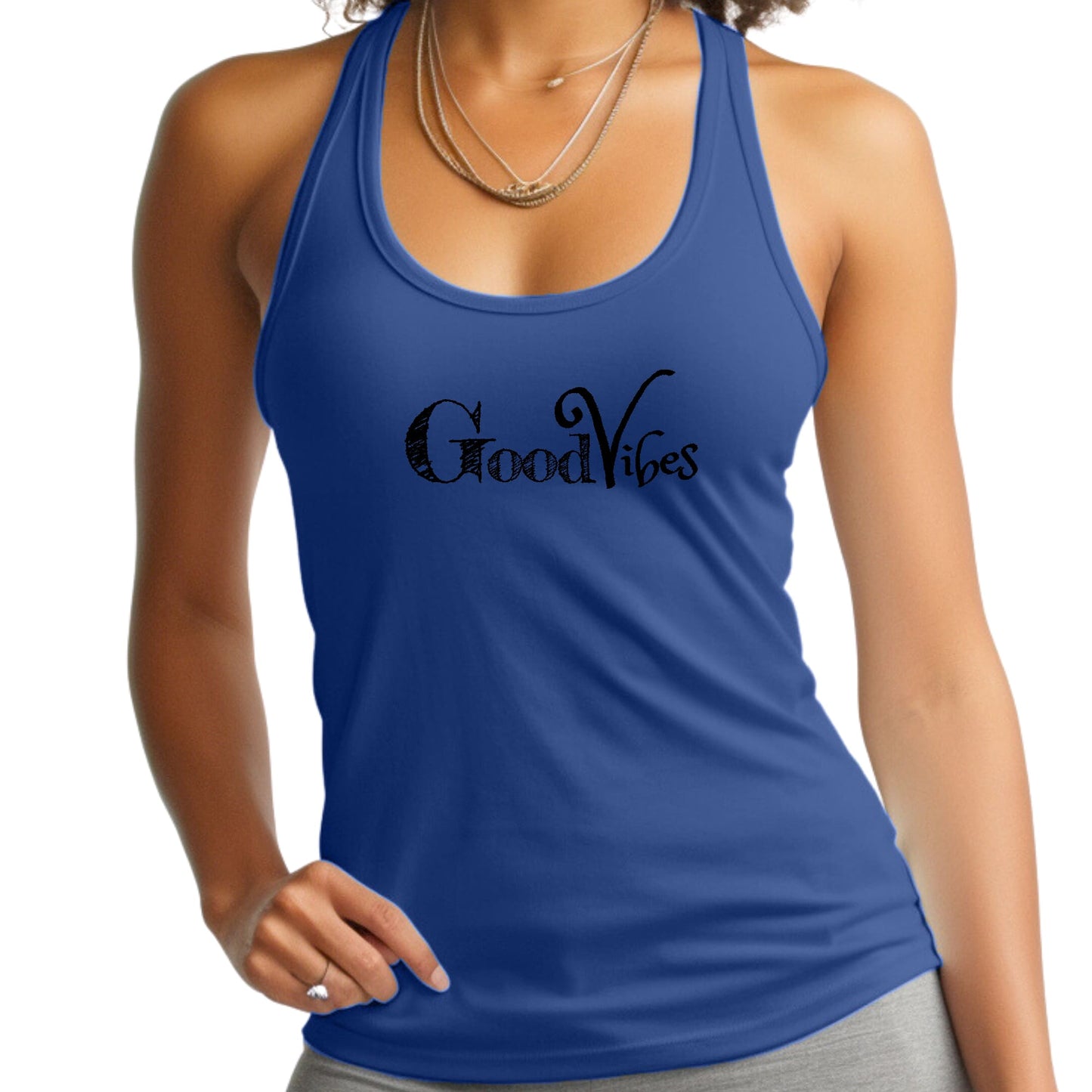 Womens Fitness Tank Top Graphic T-shirt, Good Vibes Black Print-2