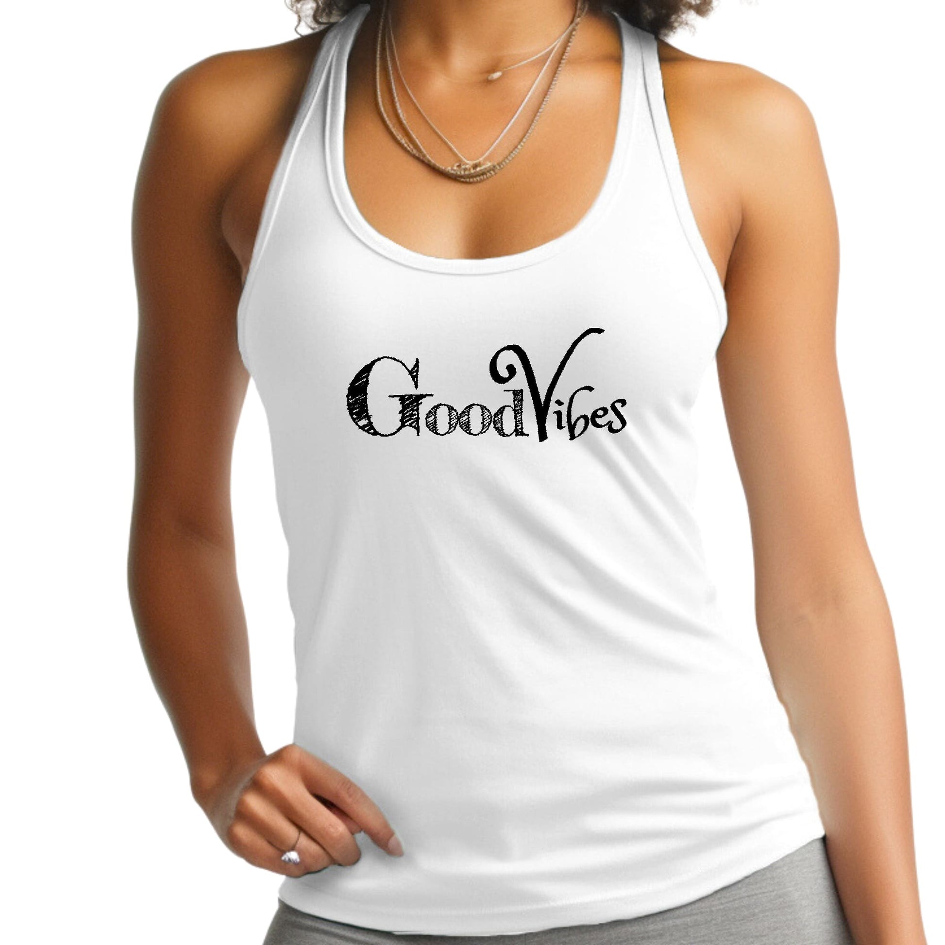 Womens Fitness Tank Top Graphic T-shirt, Good Vibes Black Print-0